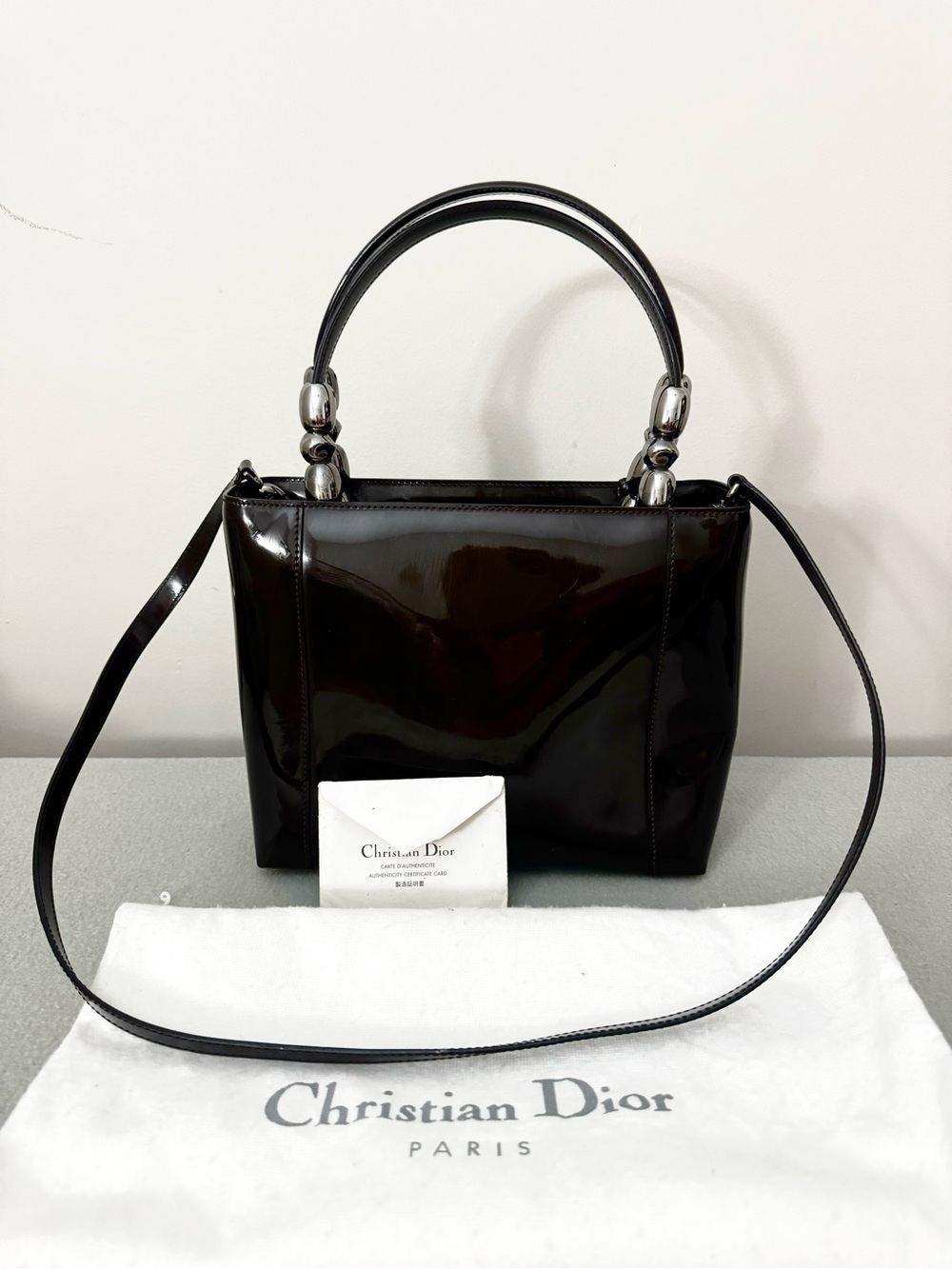 Auth Dior Black Patent Leather Top-Handle Bag